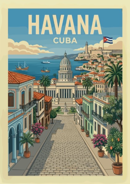 Vintage Havana Cuba travel poster featuring a street scene with the Capitolio Nacional and palm trees.