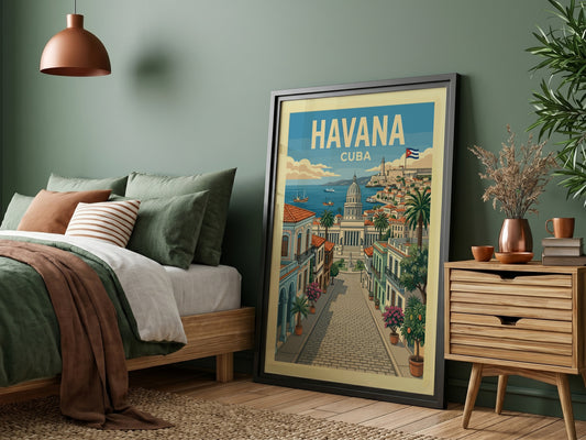 Vintage Havana Cuba travel poster featuring a street scene with the Capitolio Nacional and palm trees.