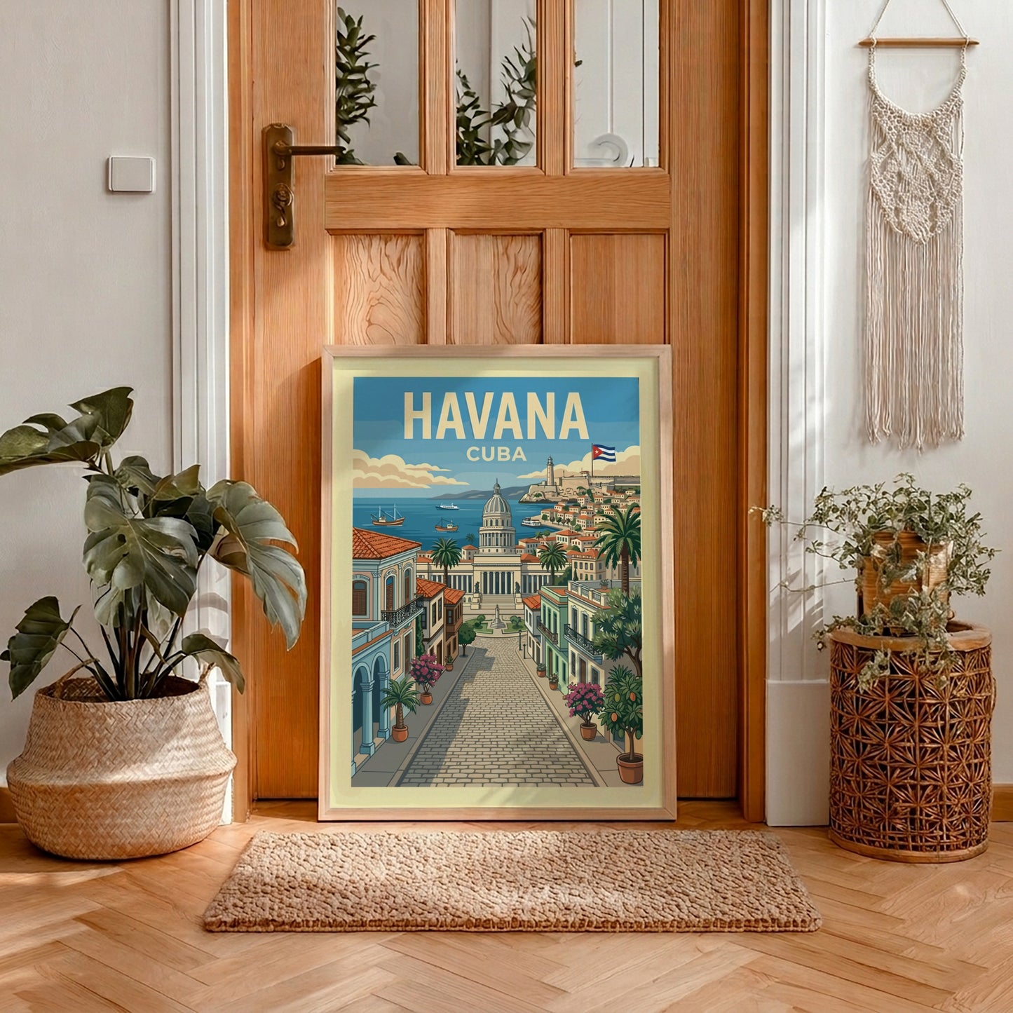 Vintage Havana Cuba travel poster featuring a street scene with the Capitolio Nacional and palm trees.
