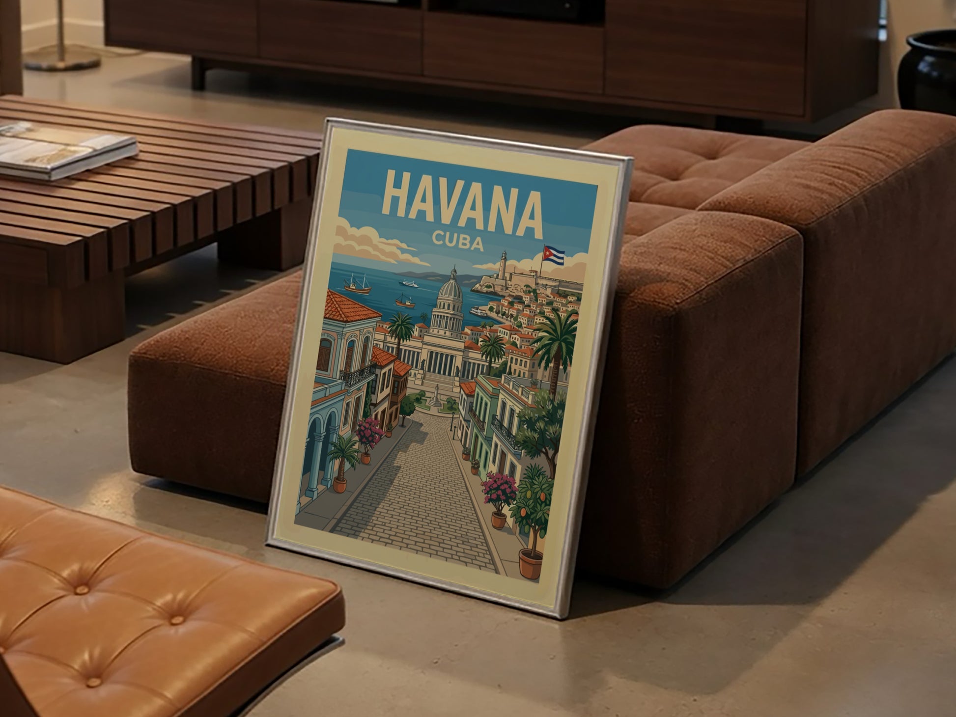 Vintage Havana Cuba travel poster featuring a street scene with the Capitolio Nacional and palm trees.