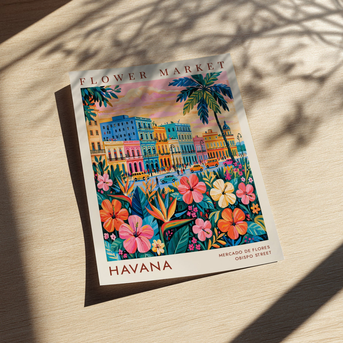 Flower market poster featuring vibrant buildings and tropical flowers in Havana style