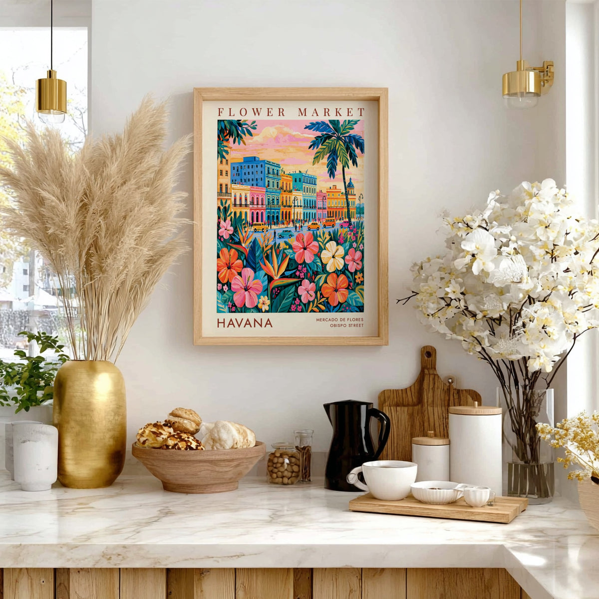 Flower market poster featuring vibrant buildings and tropical flowers in Havana style