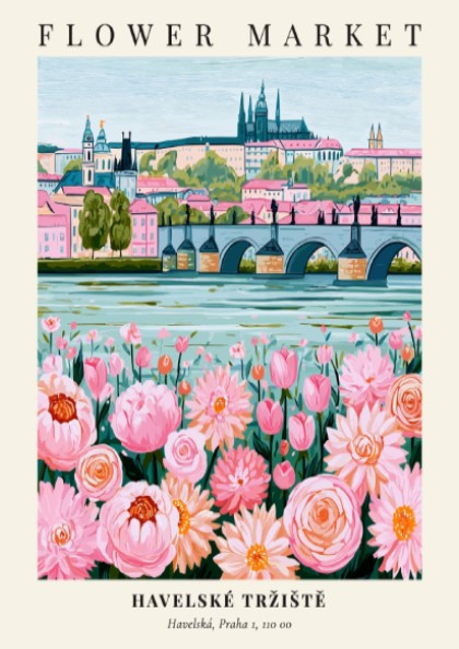 Flower market print featuring pink flowers and historic architecture in soft colors