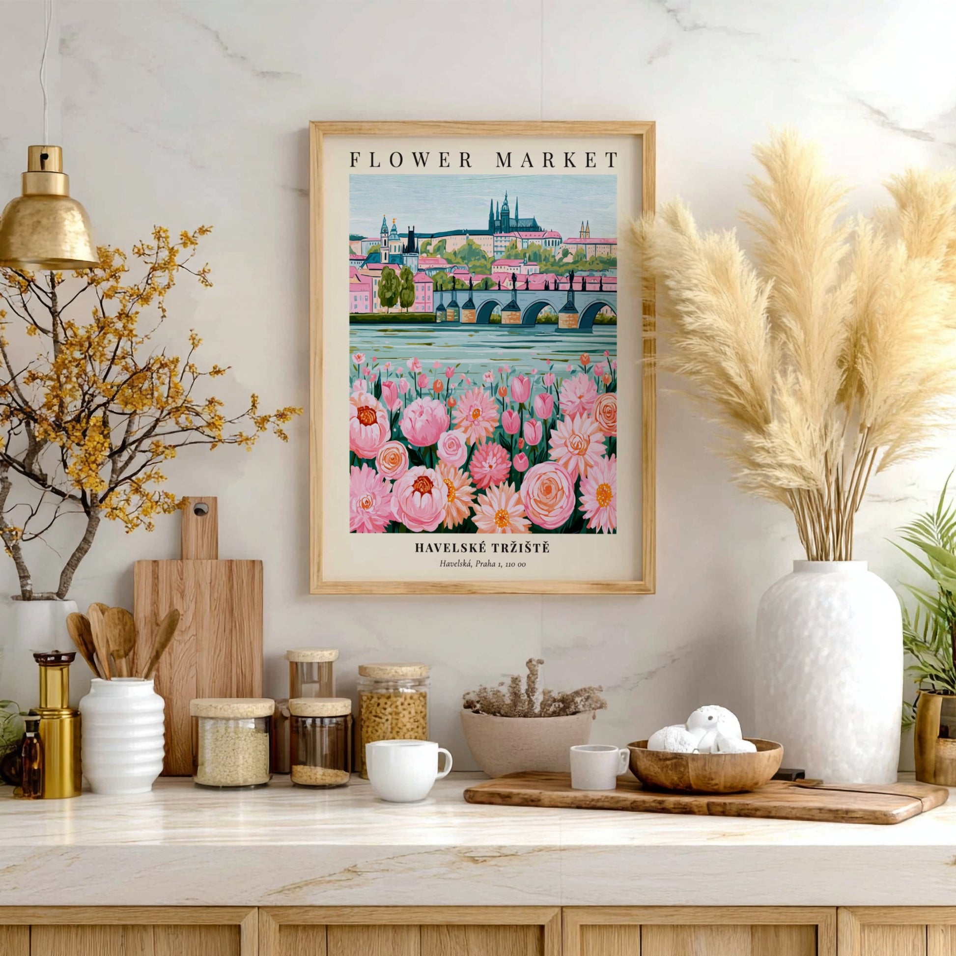 Flower market print featuring pink flowers and historic architecture in soft colors