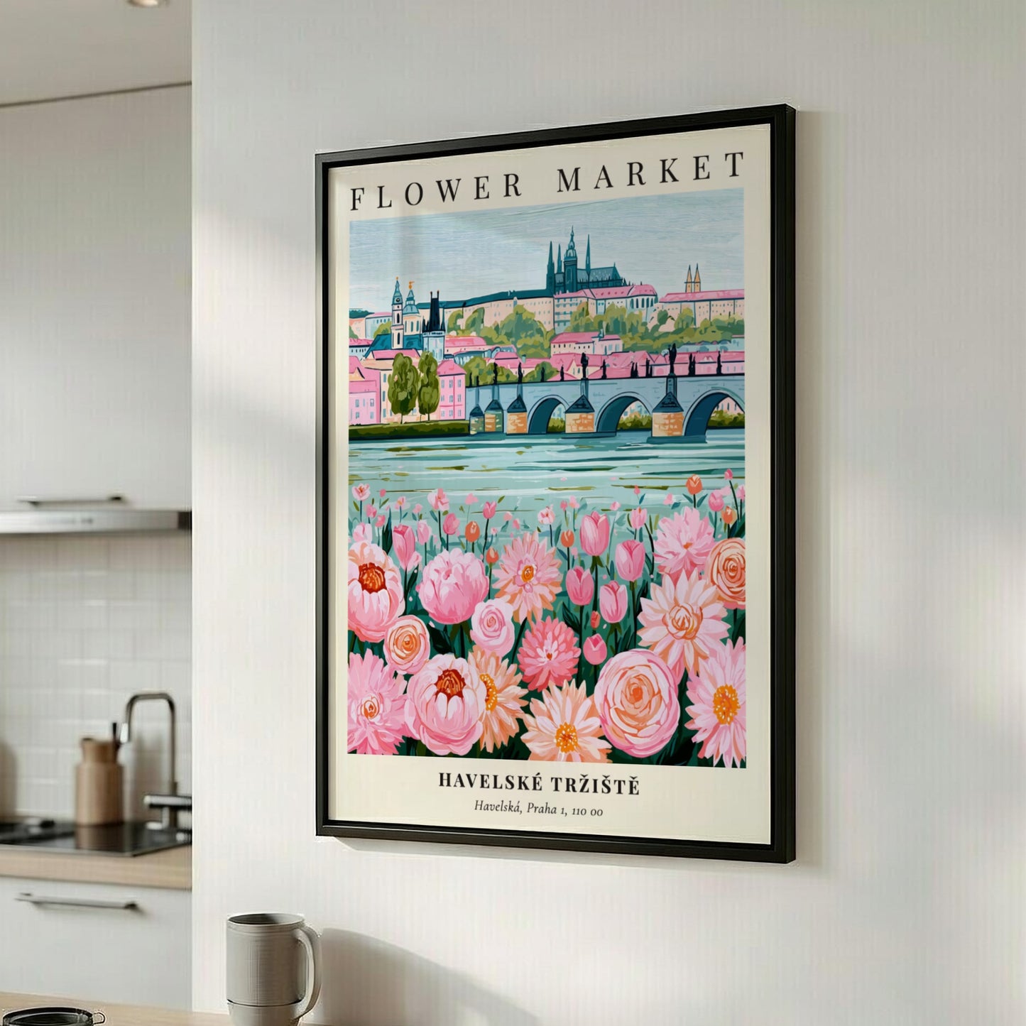 Flower market print featuring pink flowers and historic architecture in soft colors