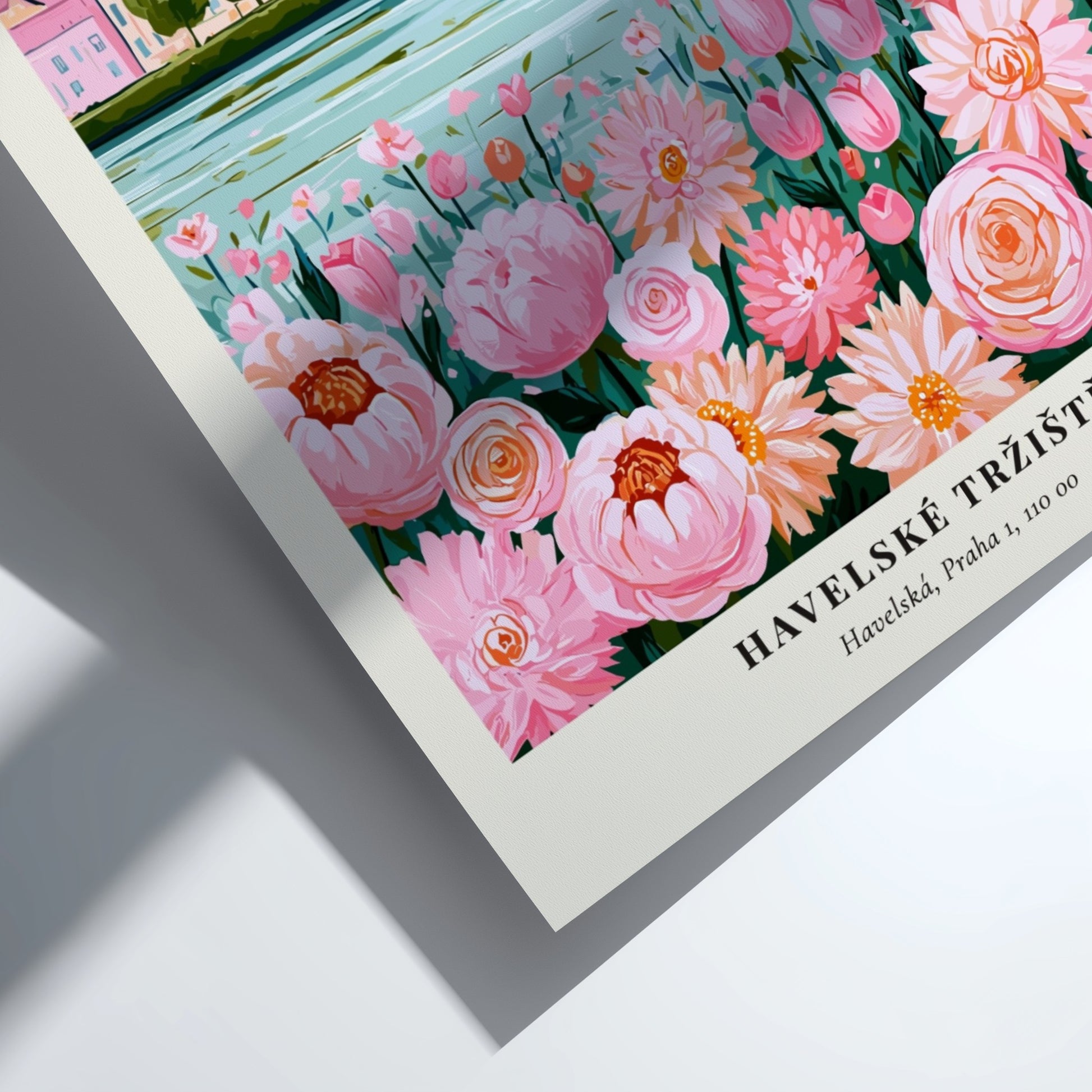 Flower market print featuring pink flowers and historic architecture in soft colors