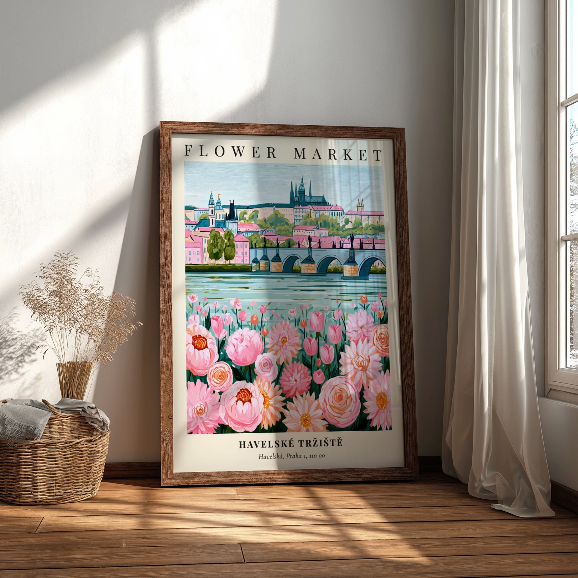 Flower market print featuring pink flowers and historic architecture in soft colors