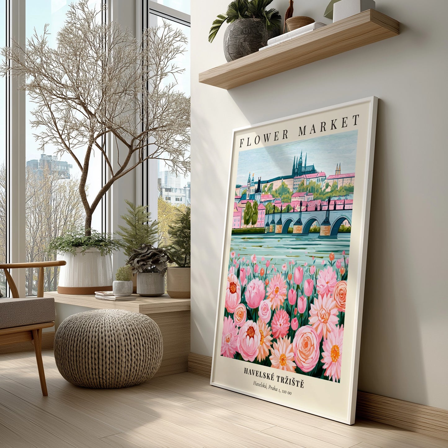Flower market print featuring pink flowers and historic architecture in soft colors