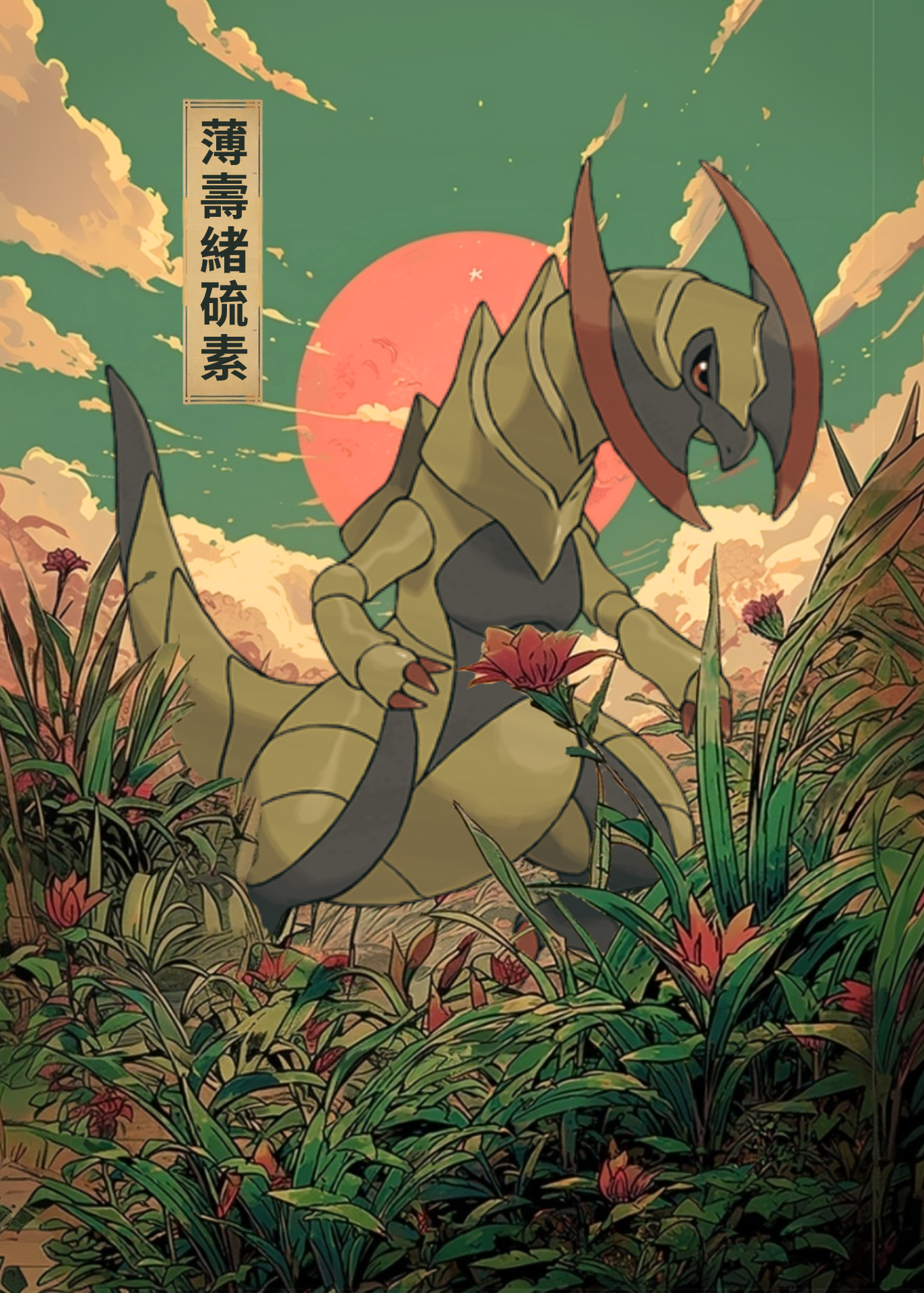 Illustration of Haxorus Pokemon in a fantasy landscape with a red sun and greenery.