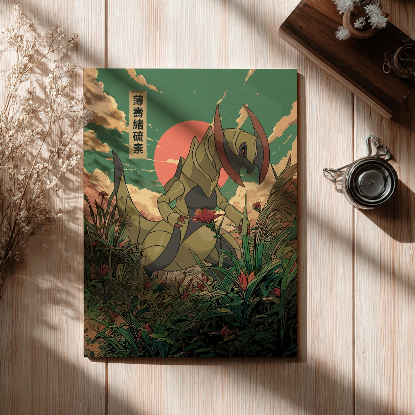 Poster with Haxorus Pokemon illustration on a wooden surface