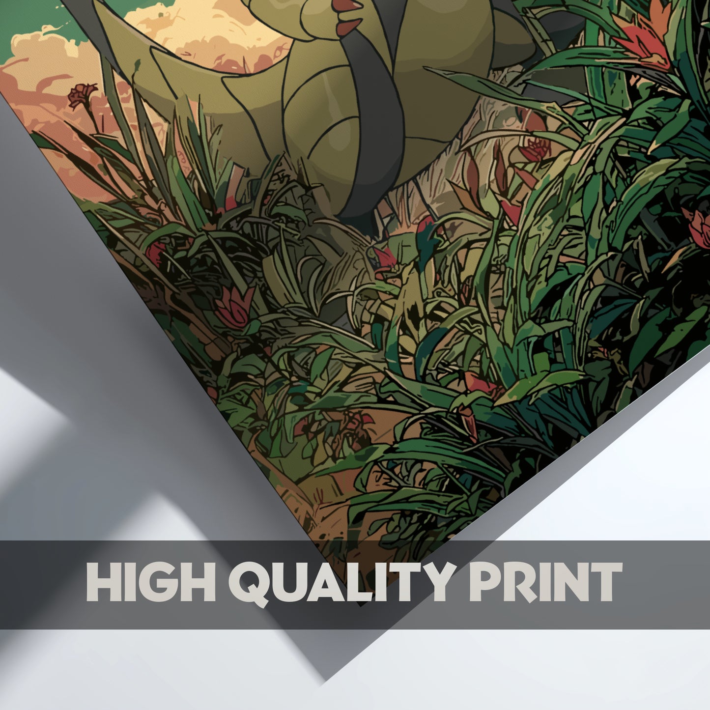 Framed artwork of Haxorus Pokemon in a forest with 'High Quality Print' text below.