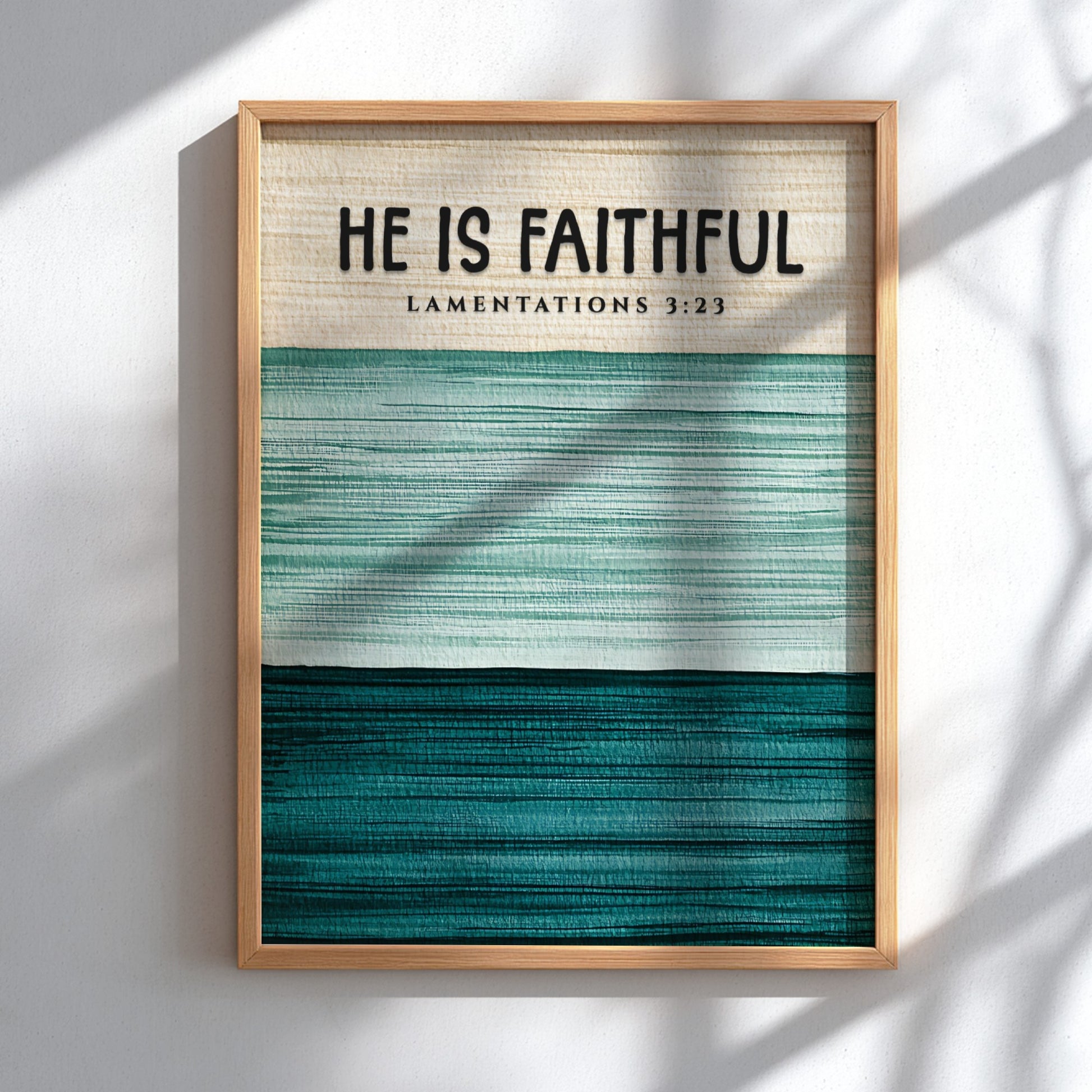 He Is Faithful poster with green tones and inspirational text, suitable for wall decor