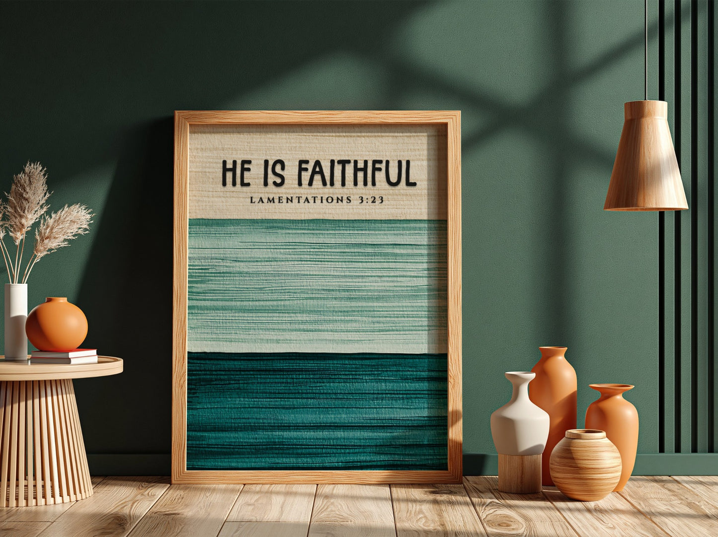 He Is Faithful poster with green tones and inspirational text, suitable for wall decor