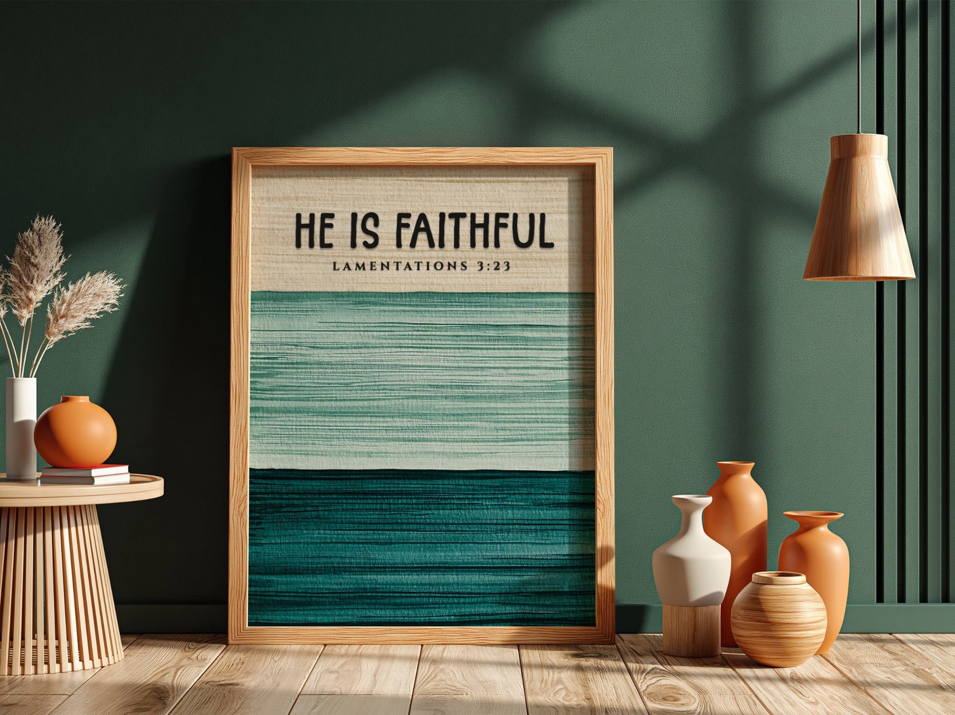 He Is Faithful poster with green tones and inspirational text, suitable for wall decor