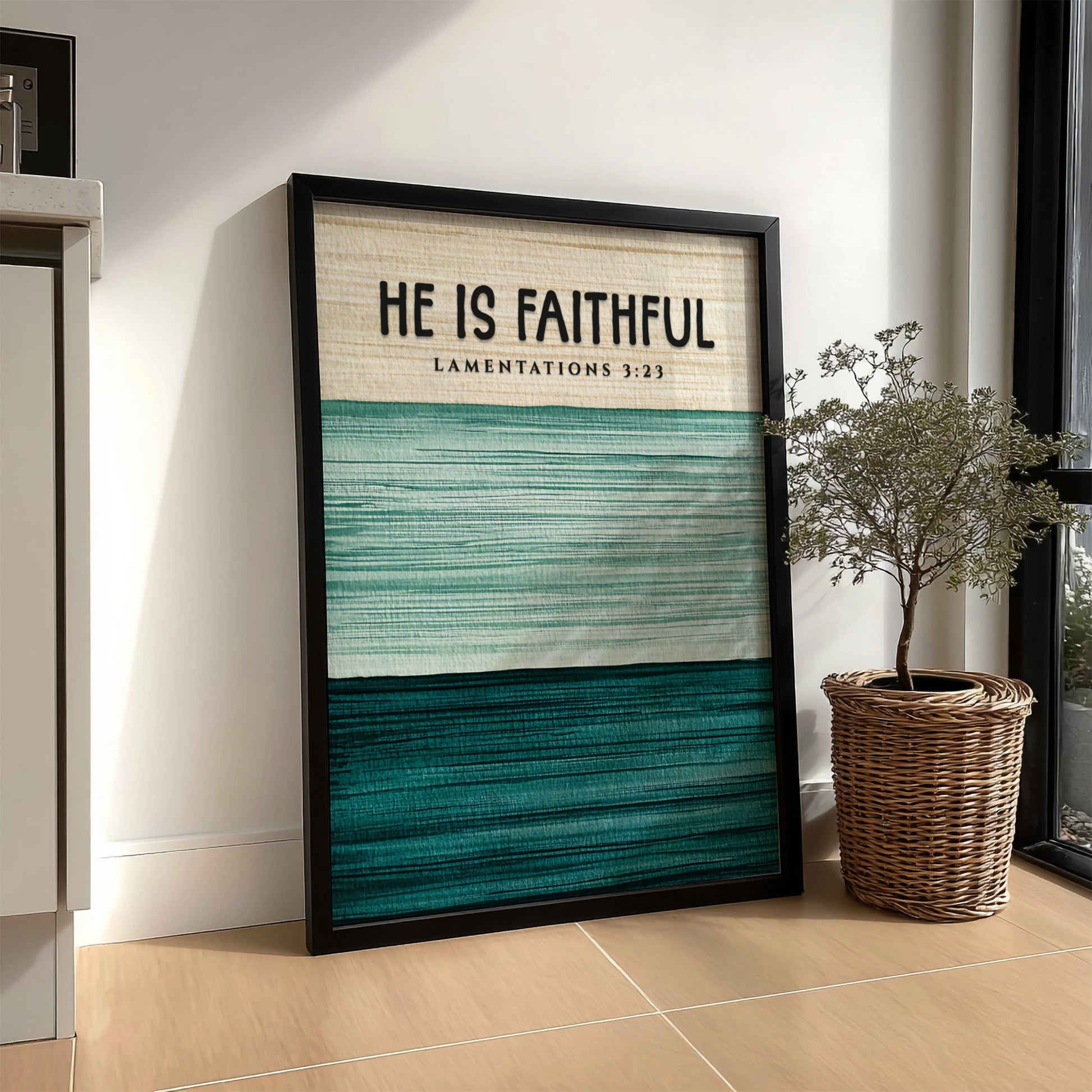 He Is Faithful poster with green tones and inspirational text, suitable for wall decor