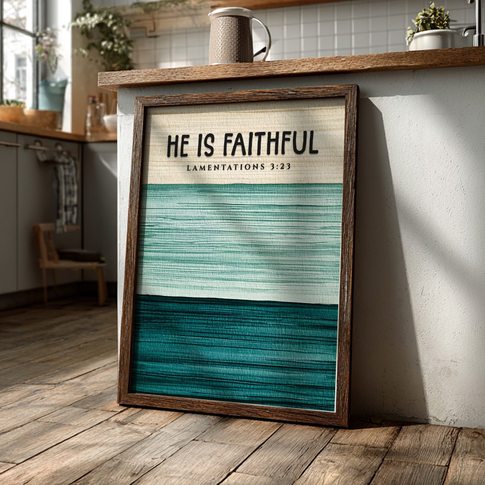 He Is Faithful poster with green tones and inspirational text, suitable for wall decor