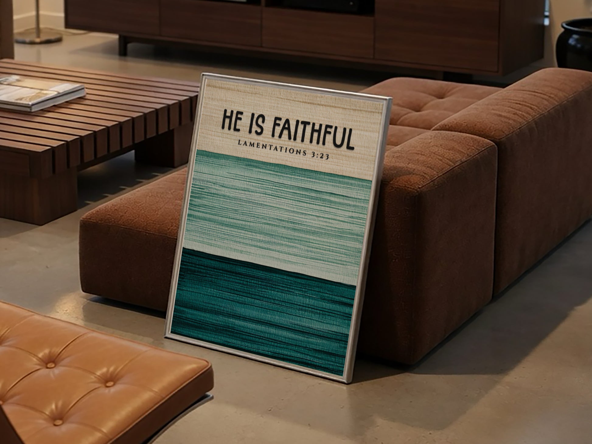 He Is Faithful poster with green tones and inspirational text, suitable for wall decor