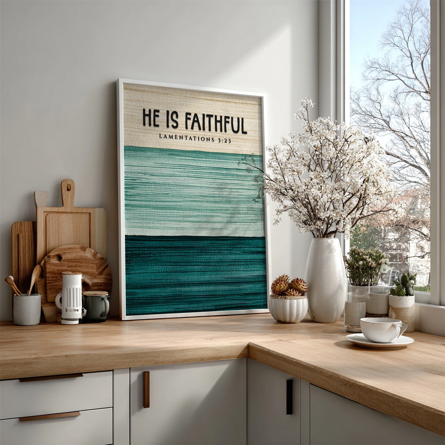 He Is Faithful poster with green tones and inspirational text, suitable for wall decor