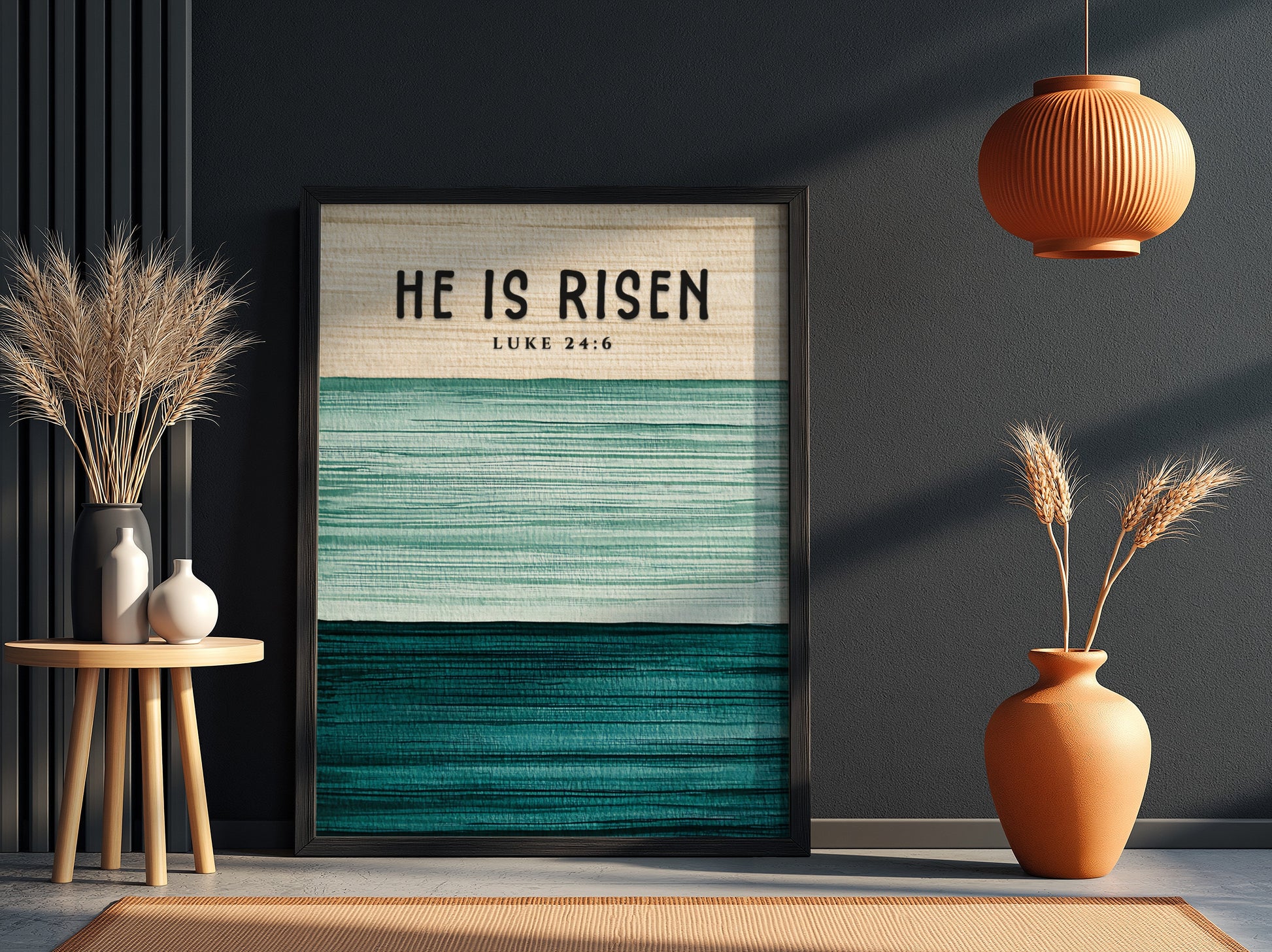 He Is Risen poster featuring soft green tones and inspirational text, perfect for religious wall art