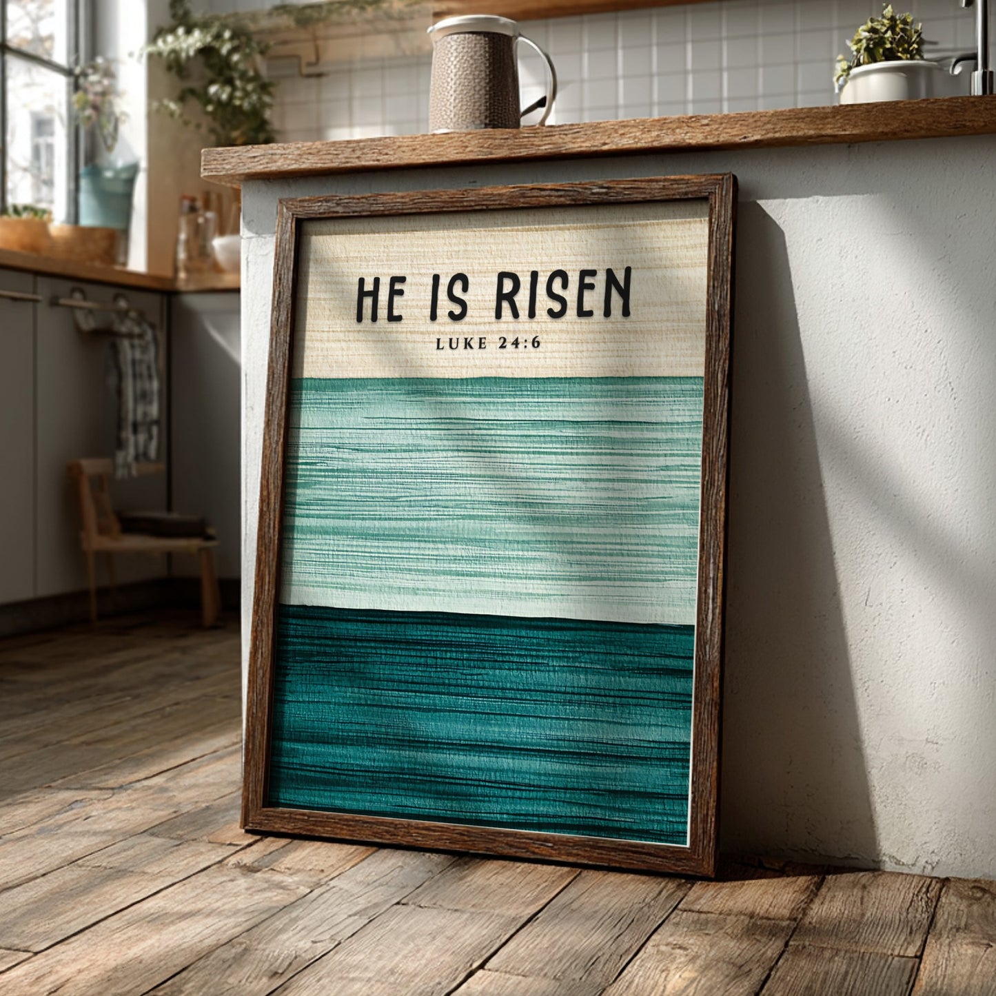 He Is Risen poster featuring soft green tones and inspirational text, perfect for religious wall art