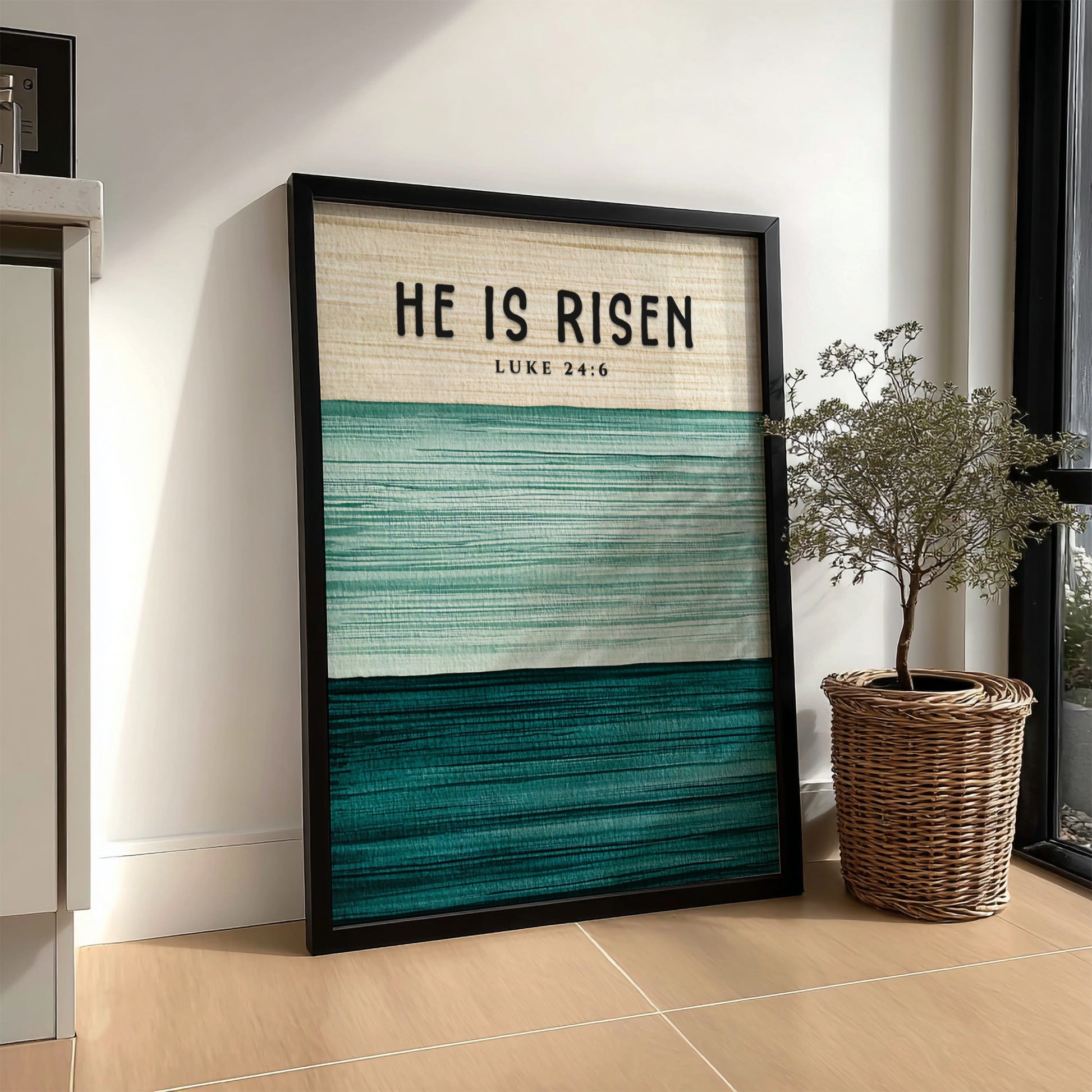 He Is Risen poster featuring soft green tones and inspirational text, perfect for religious wall art