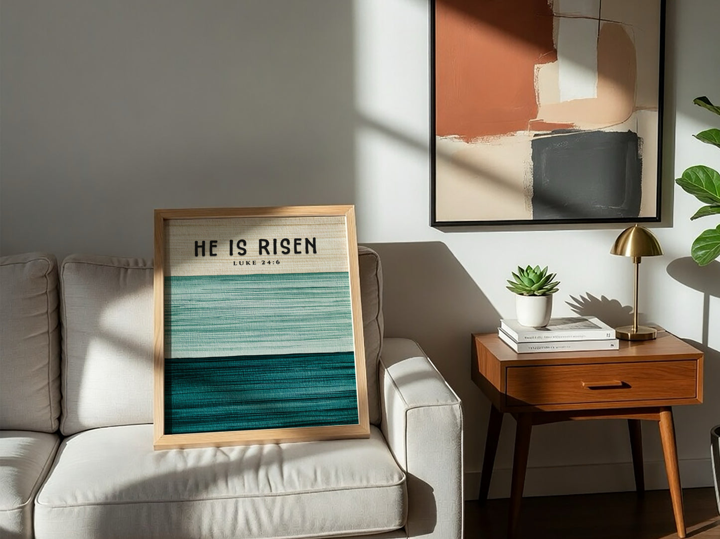 He Is Risen poster featuring soft green tones and inspirational text, perfect for religious wall art