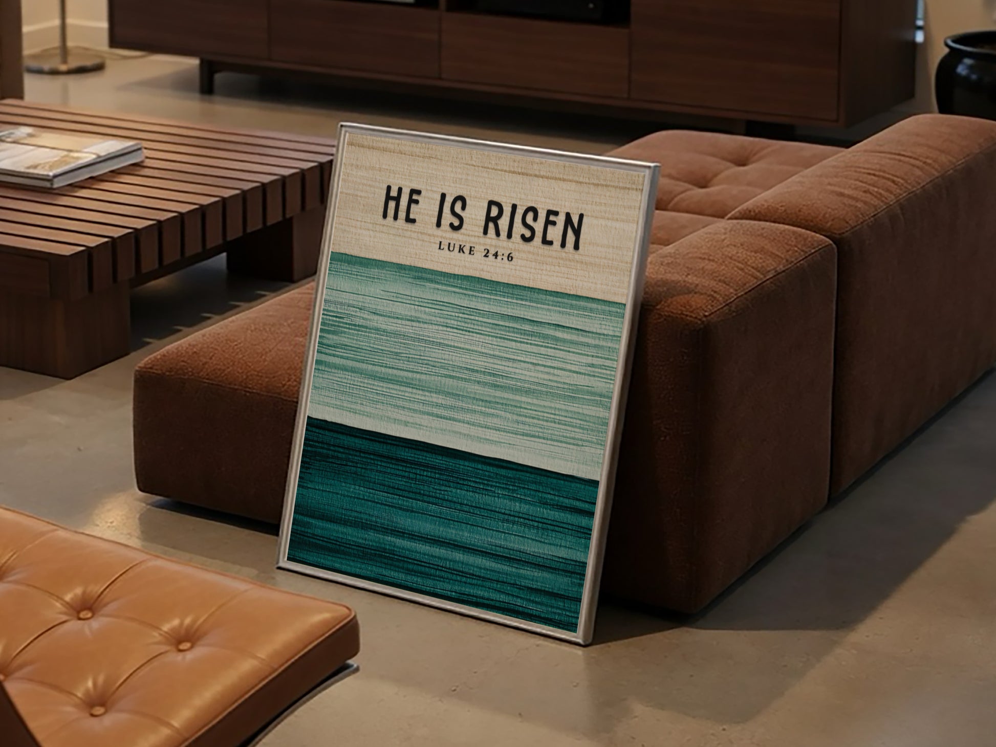 He Is Risen poster featuring soft green tones and inspirational text, perfect for religious wall art