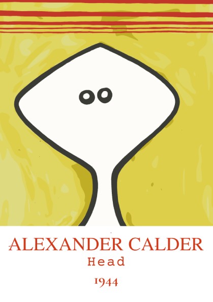 Poster of Alexander Calder's "Head" drawing from 1944, featuring a white abstract head on a yellow textured