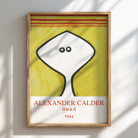 Poster of Alexander Calder's "Head" drawing from 1944, featuring a white abstract head on a yellow textured
