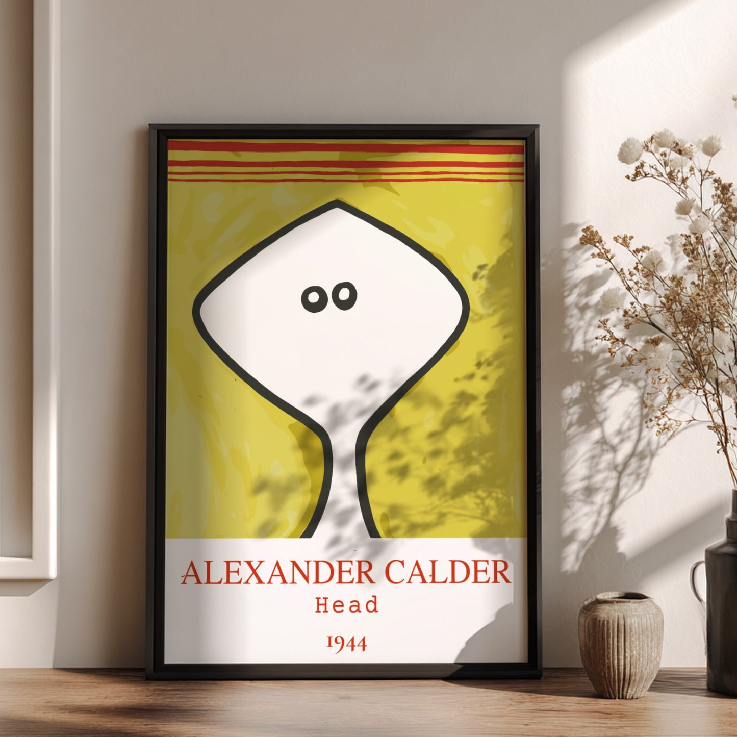Poster of Alexander Calder's "Head" drawing from 1944, featuring a white abstract head on a yellow textured