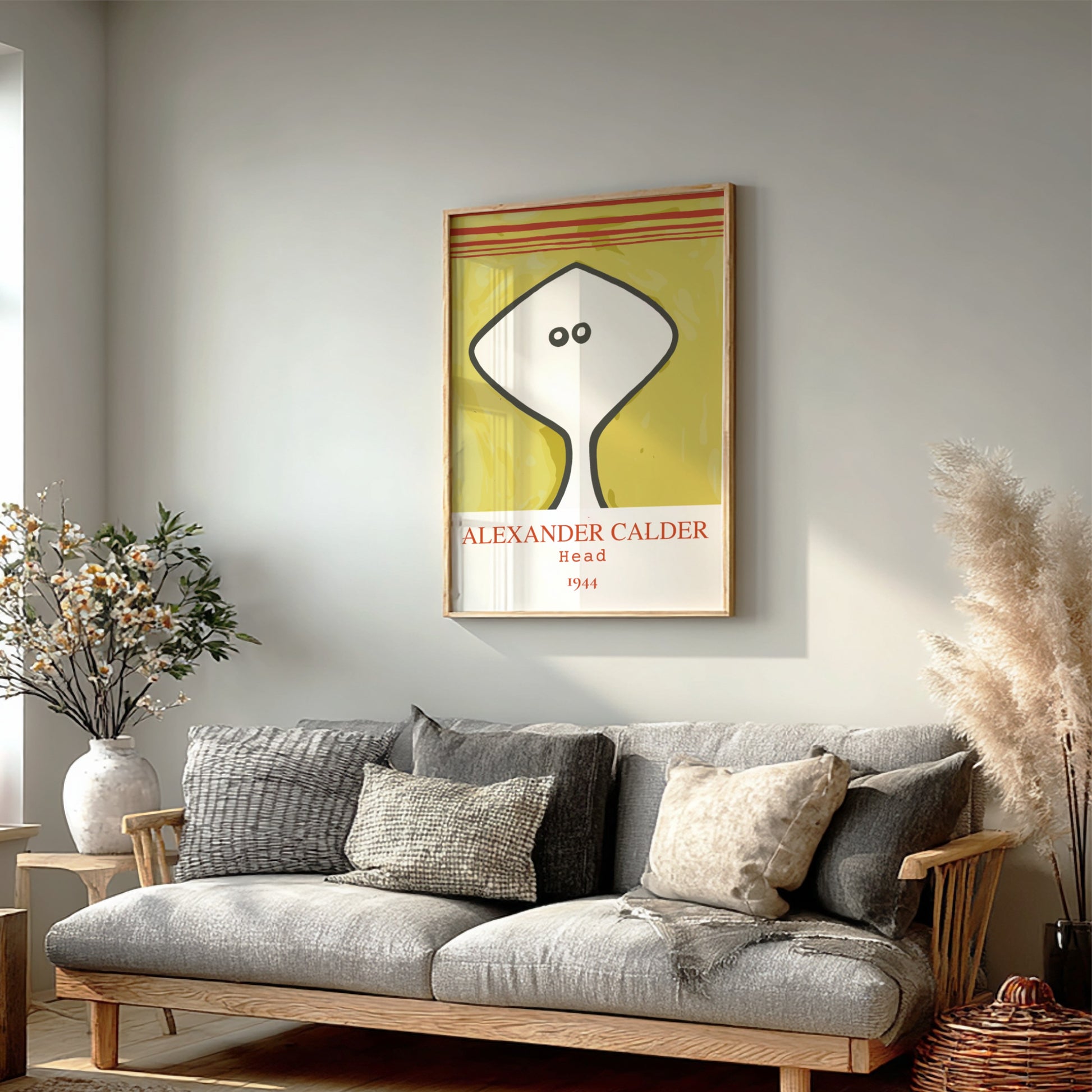 Poster of Alexander Calder's "Head" drawing from 1944, featuring a white abstract head on a yellow textured