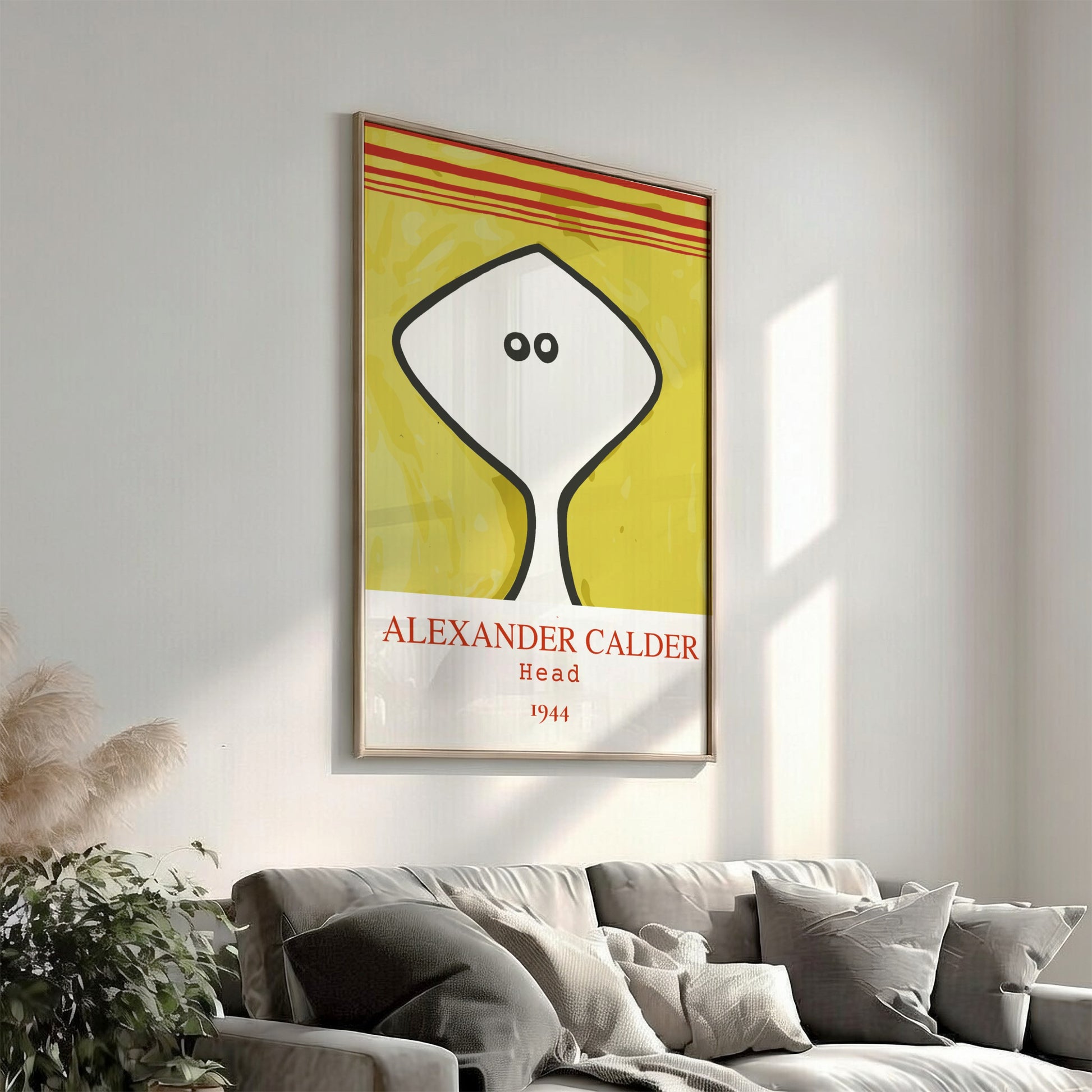 Poster of Alexander Calder's "Head" drawing from 1944, featuring a white abstract head on a yellow textured