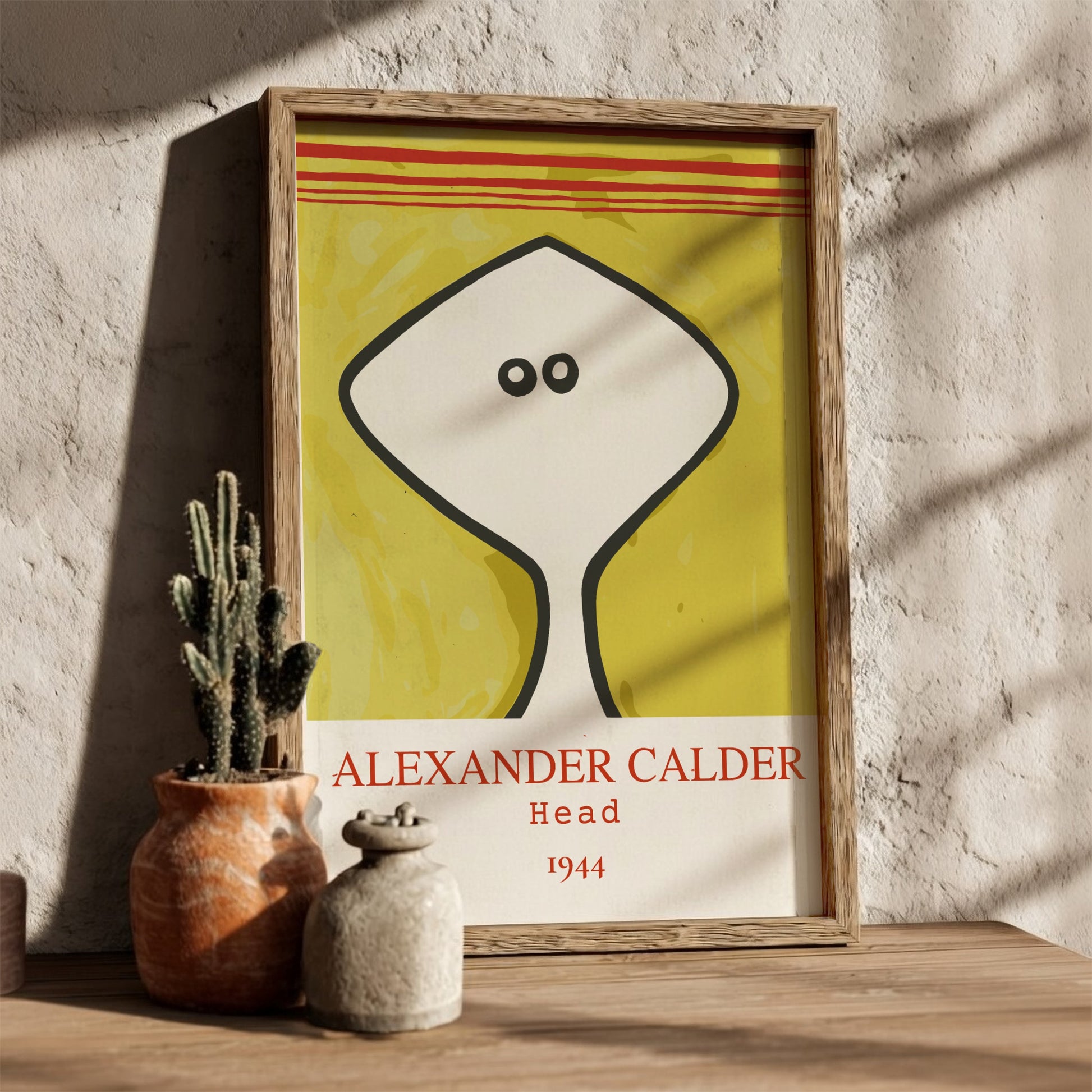 Poster of Alexander Calder's "Head" drawing from 1944, featuring a white abstract head on a yellow textured
