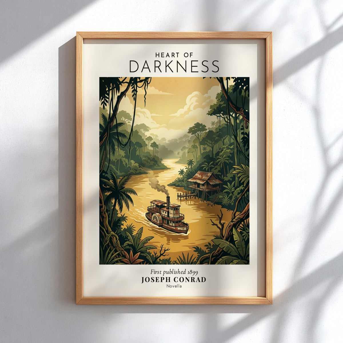 Heart of Darkness poster featuring a vintage paddle steamer on a golden jungle river