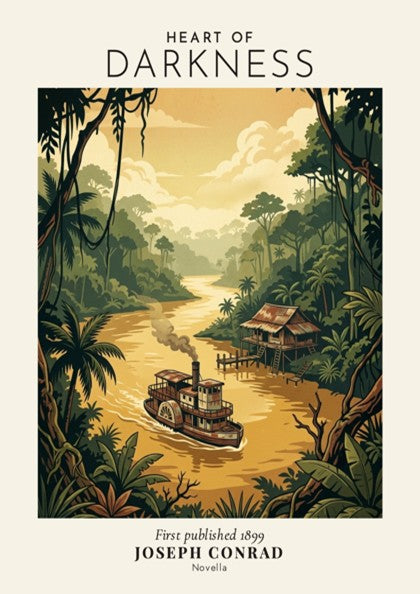 Heart of Darkness poster featuring a vintage paddle steamer on a golden jungle river