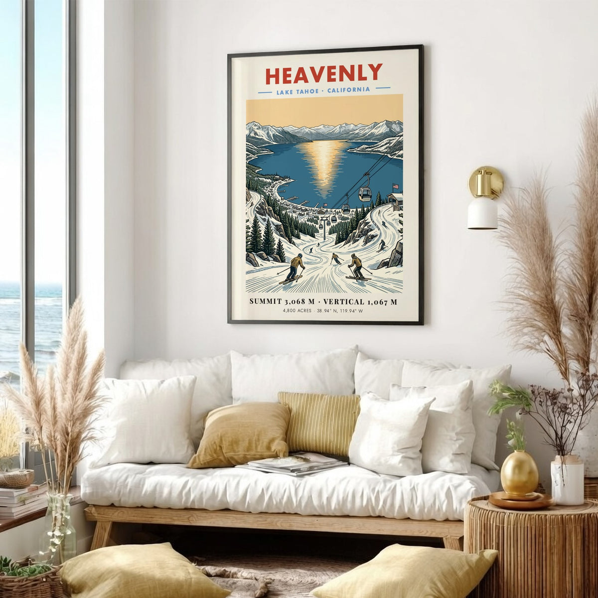 Poster of Heavenly Lake Tahoe ski resort with gondolas, snowy slopes, and sunset lake.