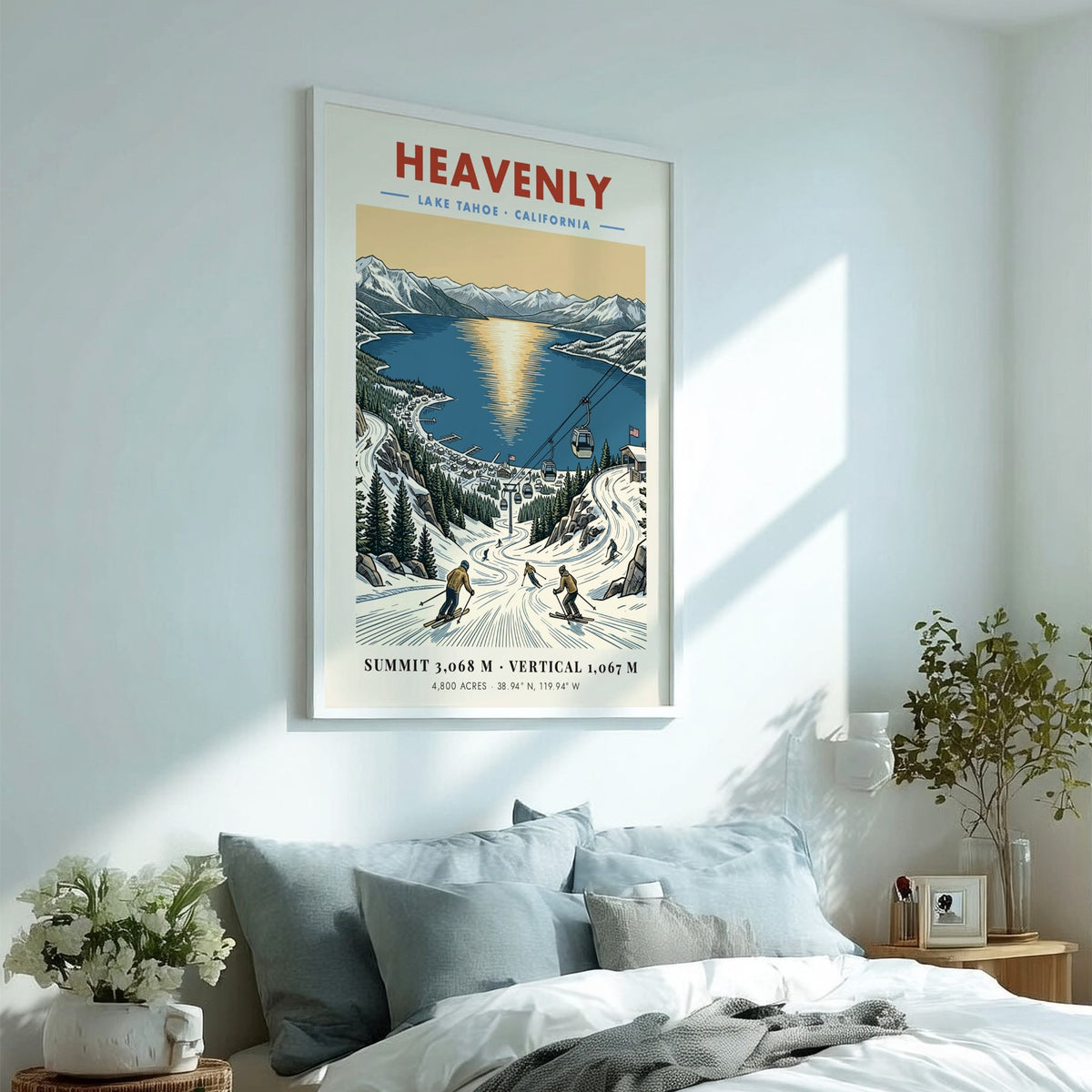 Poster of Heavenly Lake Tahoe ski resort with gondolas, snowy slopes, and sunset lake.