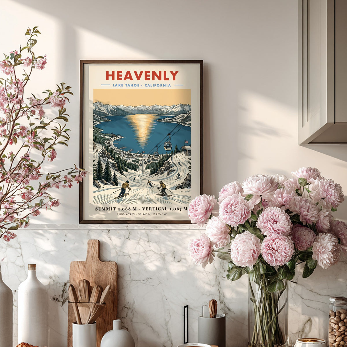 Poster of Heavenly Lake Tahoe ski resort with gondolas, snowy slopes, and sunset lake.