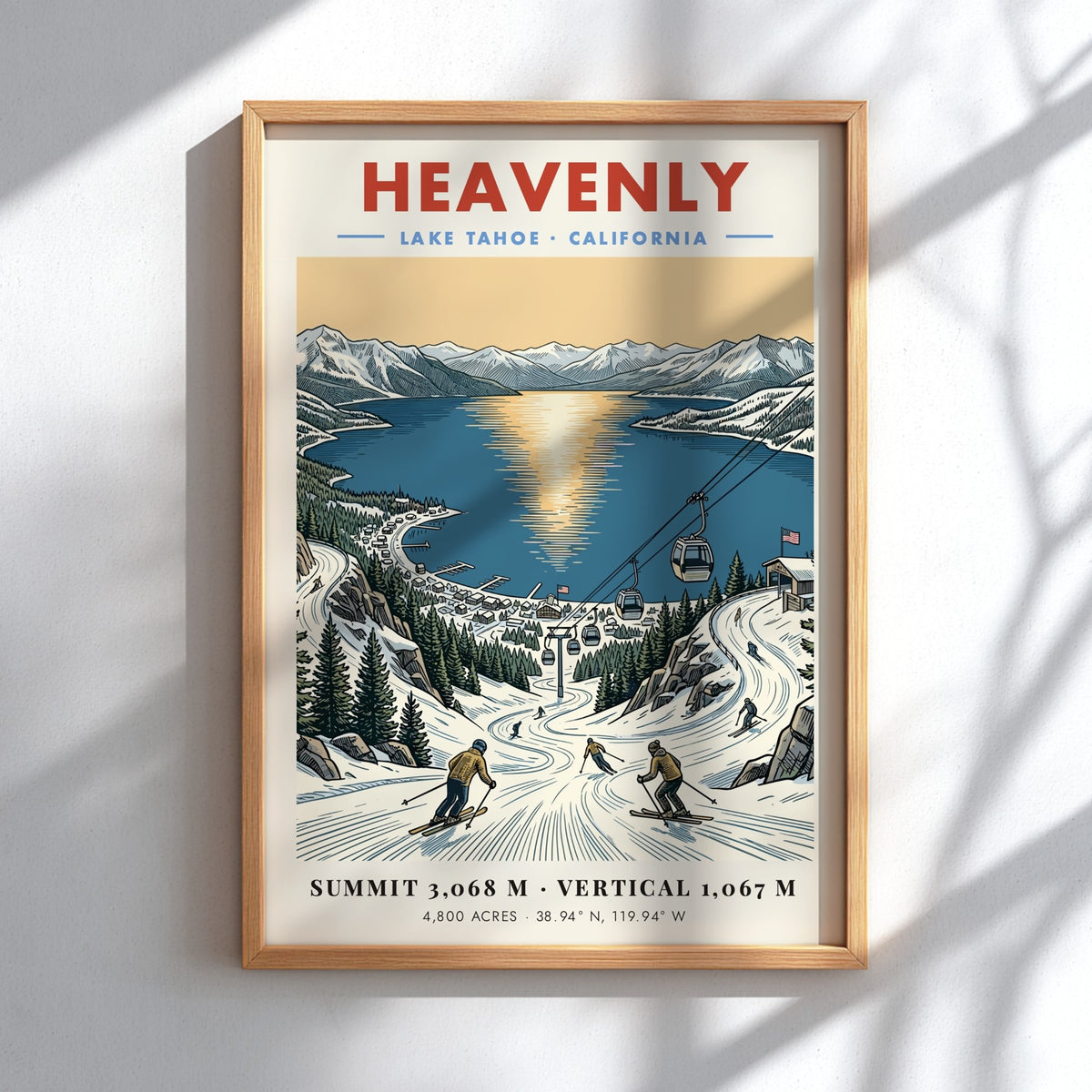 Poster of Heavenly Lake Tahoe ski resort with gondolas, snowy slopes, and sunset lake.