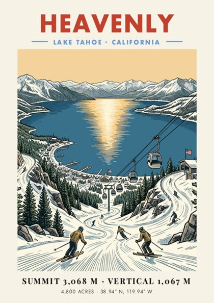 Poster of Heavenly Lake Tahoe ski resort with gondolas, snowy slopes, and sunset lake.