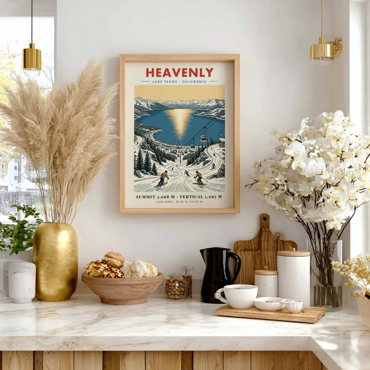 Poster of Heavenly Lake Tahoe ski resort with gondolas, snowy slopes, and sunset lake.
