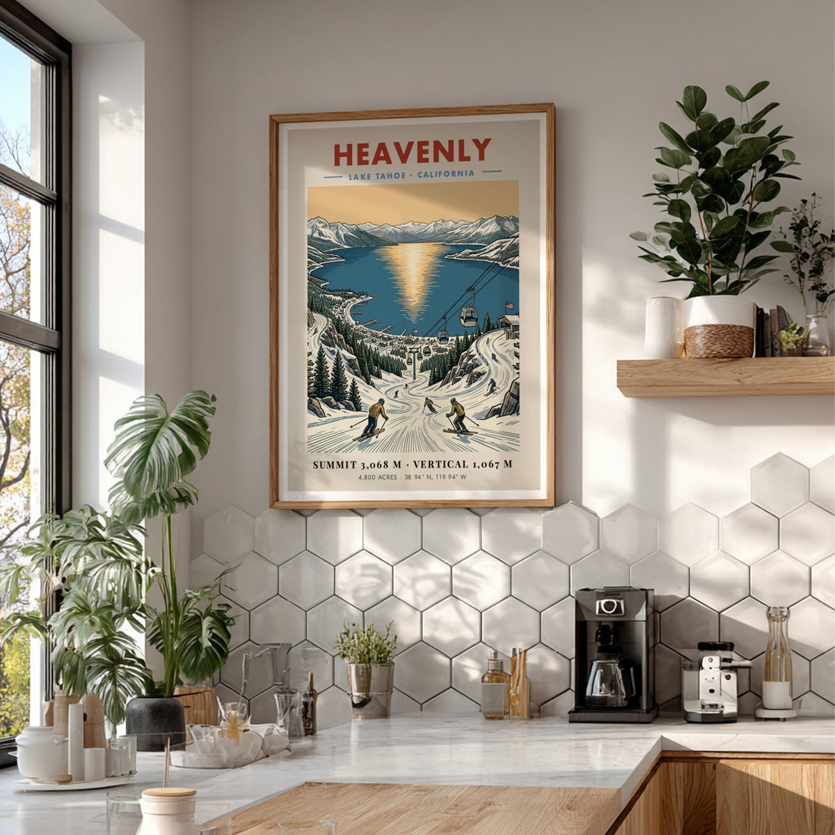 Poster of Heavenly Lake Tahoe ski resort with gondolas, snowy slopes, and sunset lake.