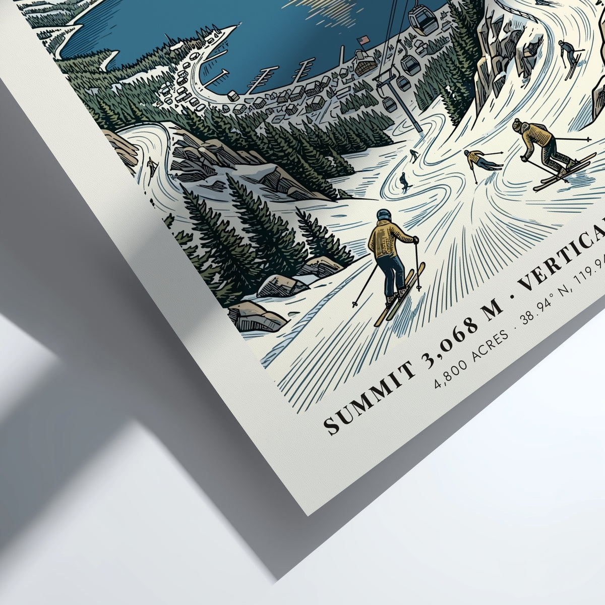 Poster of Heavenly Lake Tahoe ski resort with gondolas, snowy slopes, and sunset lake.