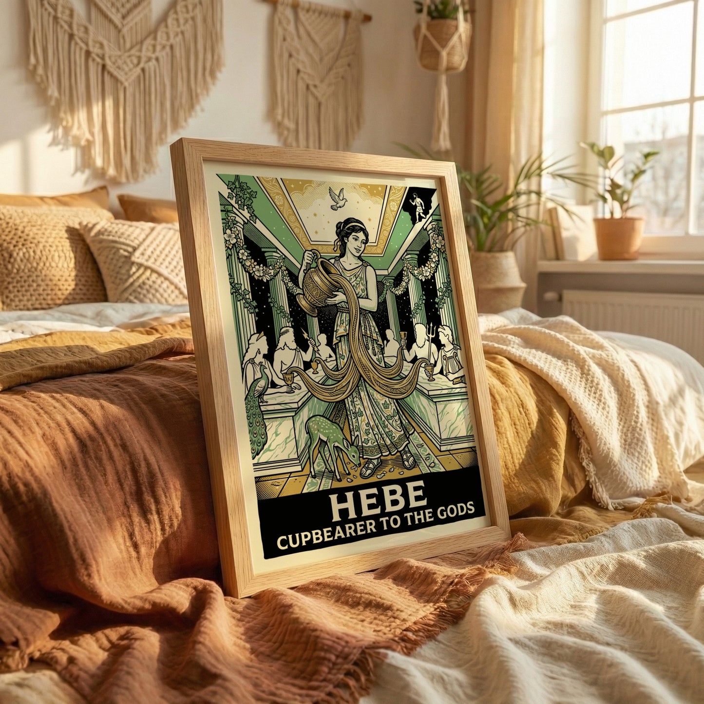 Hebe Cupbearer poster featuring a goddess in a green and gold art deco style, pouring nectar. Greek mythology