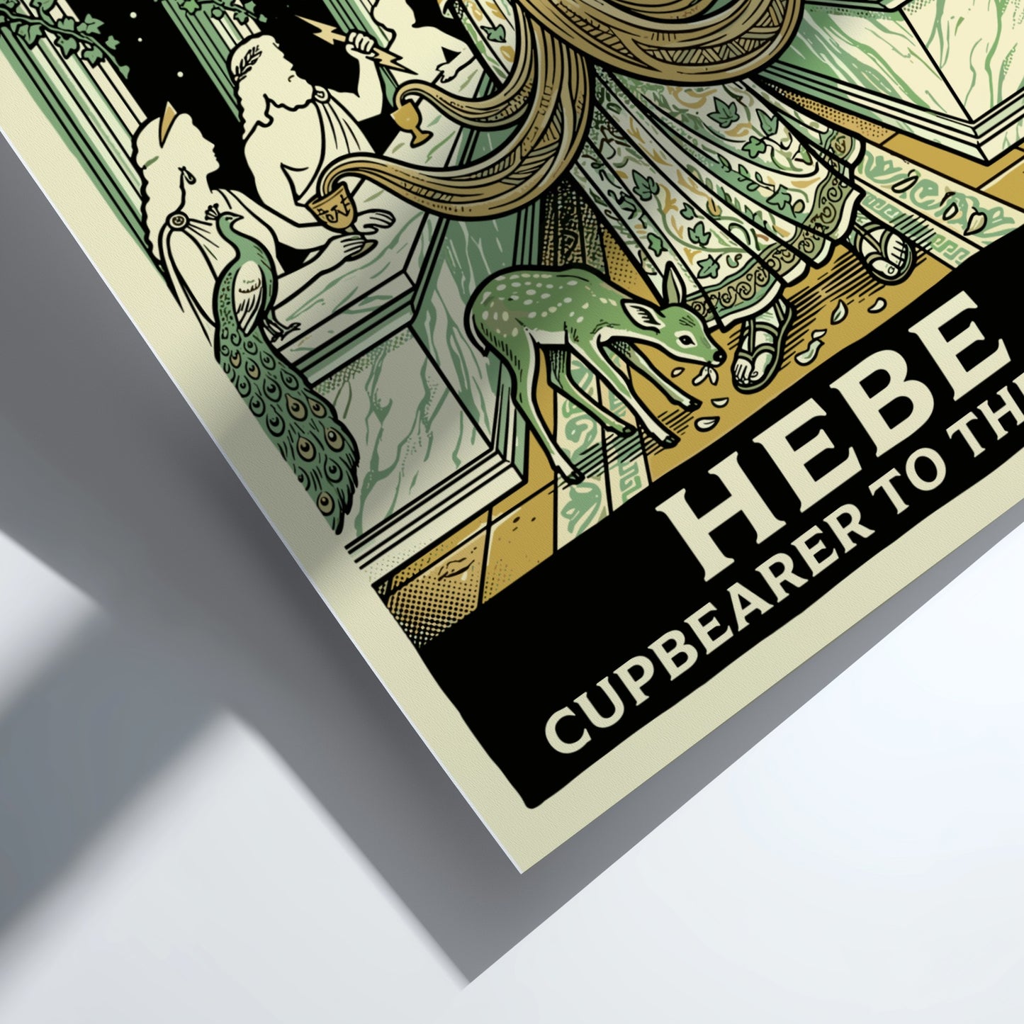 Hebe Cupbearer poster featuring a goddess in a green and gold art deco style, pouring nectar. Greek mythology