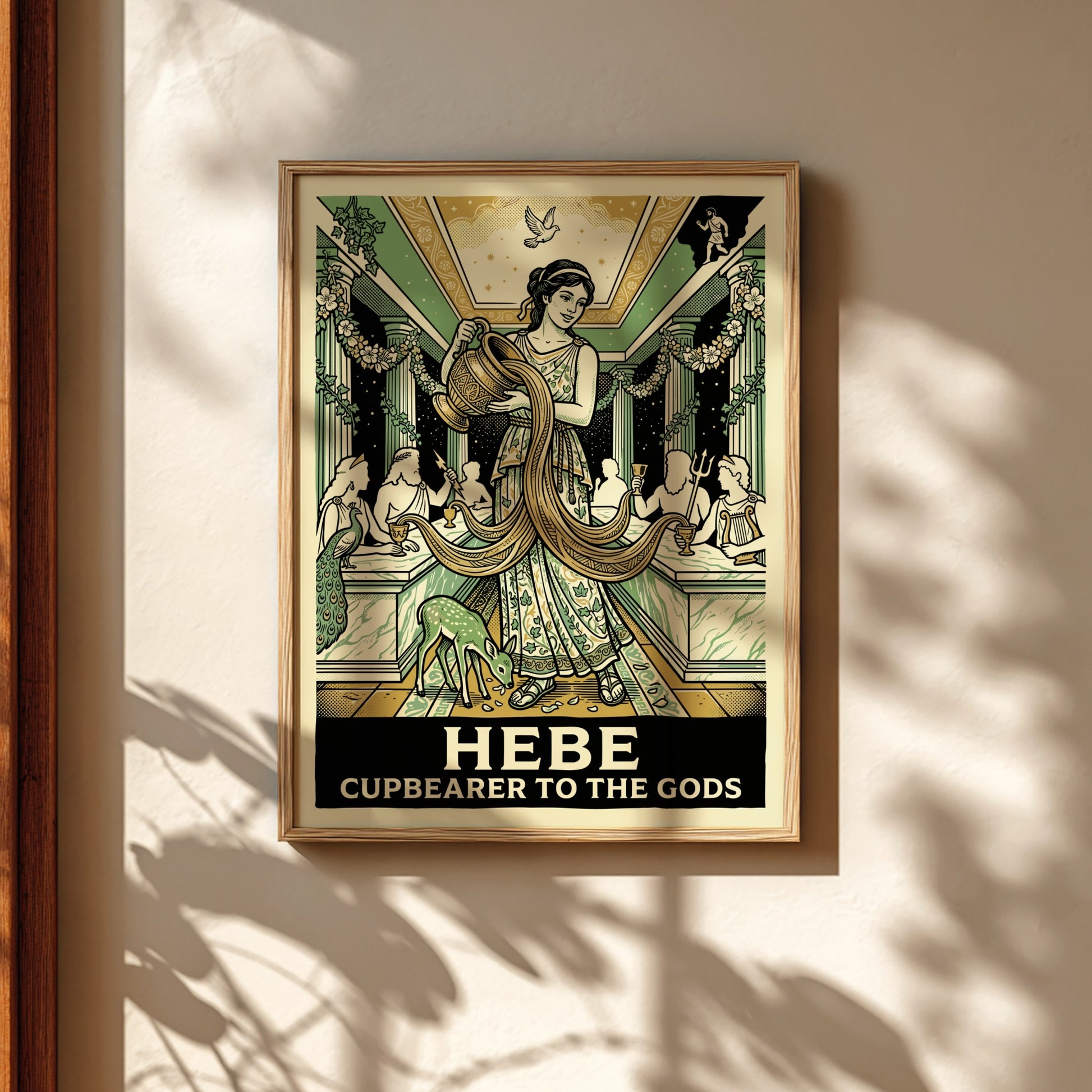 Hebe Cupbearer poster featuring a goddess in a green and gold art deco style, pouring nectar. Greek mythology