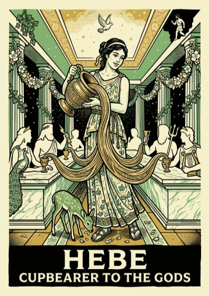 Hebe Cupbearer poster featuring a goddess in a green and gold art deco style, pouring nectar. Greek mythology