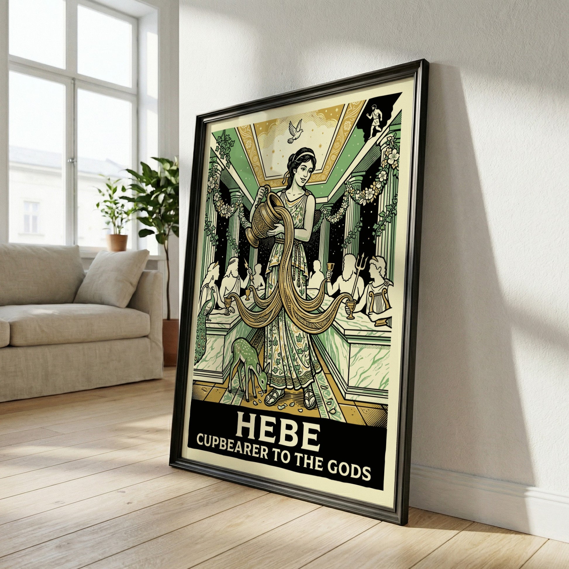 Hebe Cupbearer poster featuring a goddess in a green and gold art deco style, pouring nectar. Greek mythology