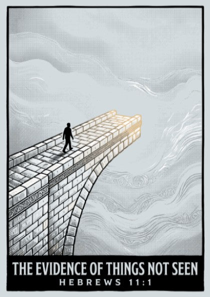 Poster featuring a person walking on a bridge into clouds with inspirational text