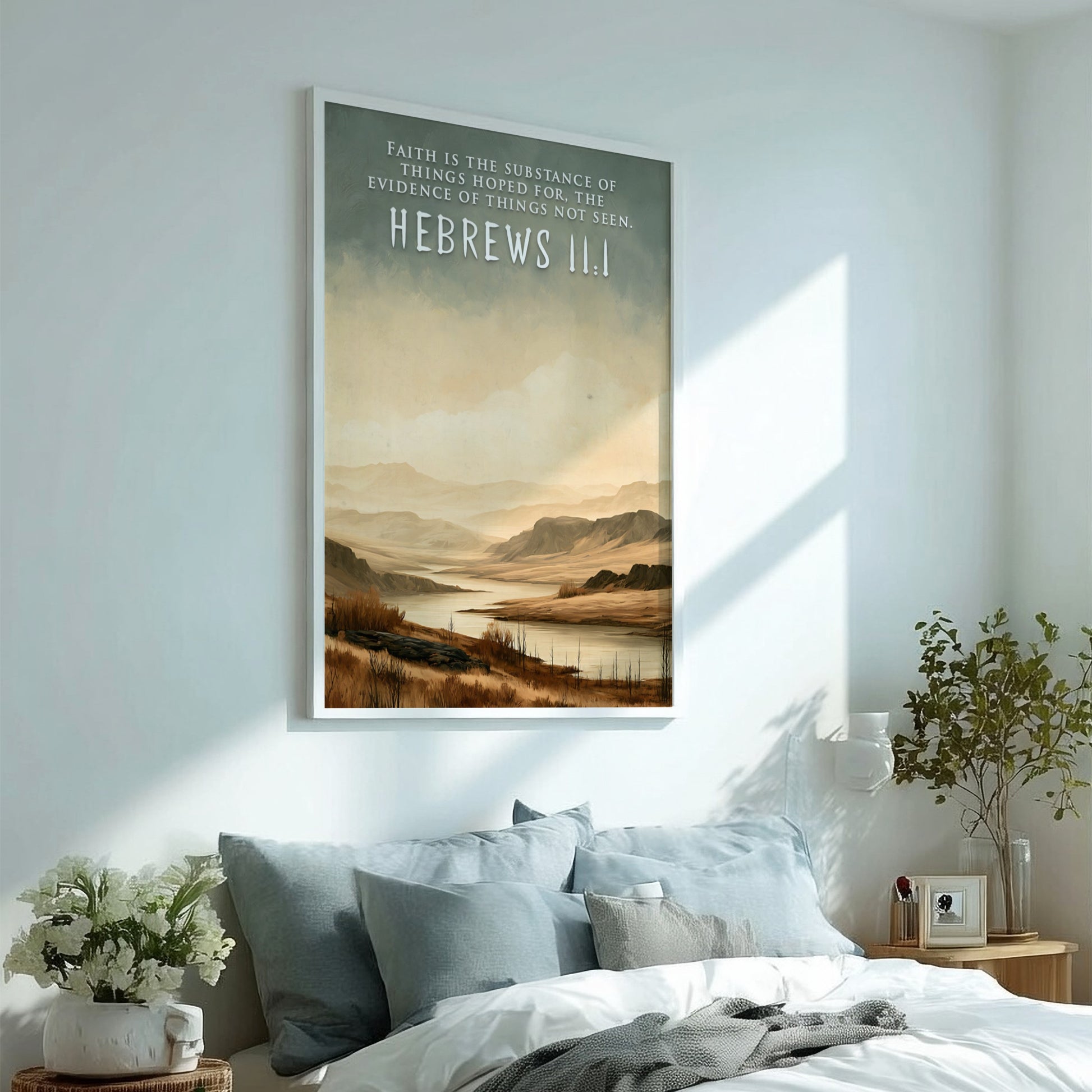 Poster featuring a calm river landscape with the scripture Hebrews 11:1 written above.